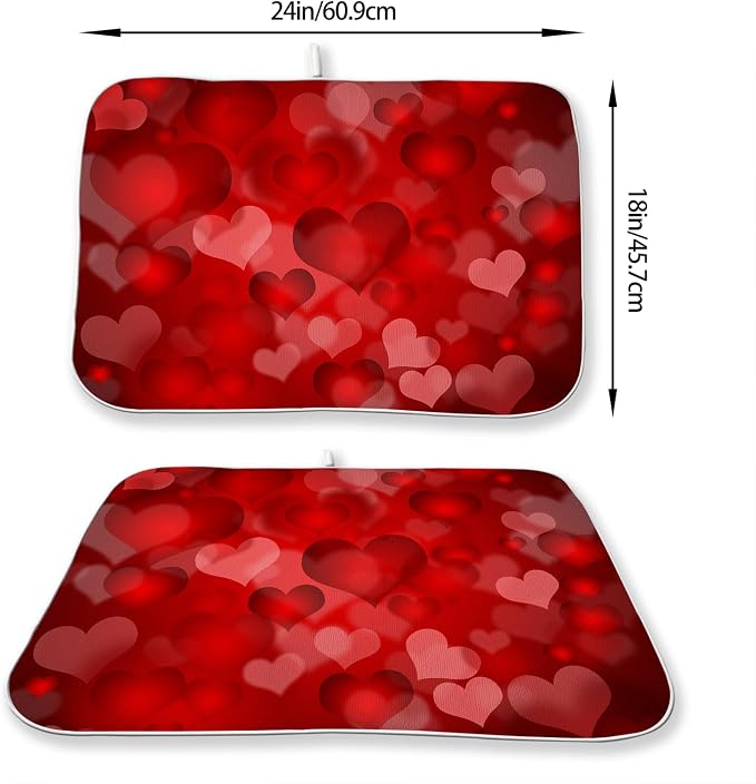 Red Valentines Dish Drying Mat 18x24 Inch Red Hearts Dish Drainer Protector Pad - Image 3