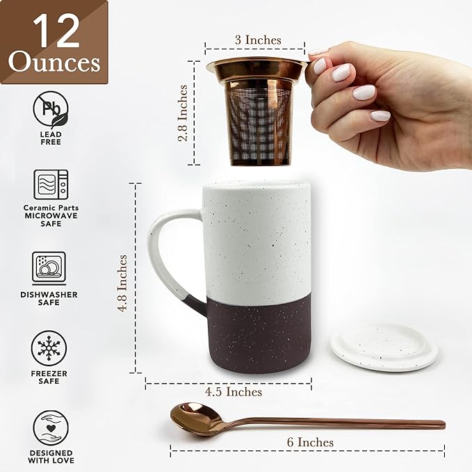 Mora Ceramics Tea Cup with Loose Leaf Infuser, Spoon and Lid, 12 oz, Microwave - Image 2
