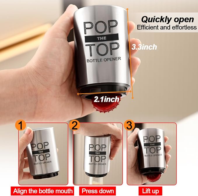 2PCS Beer Bottle Opener with Magnetic Cap, Automatic Stainless Steel One-Handed - Image 2