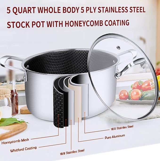 LOLYKITCH 5 QT Tri-Ply Hybrid Stainless Steel Non Stick Stock Pot - Image 5