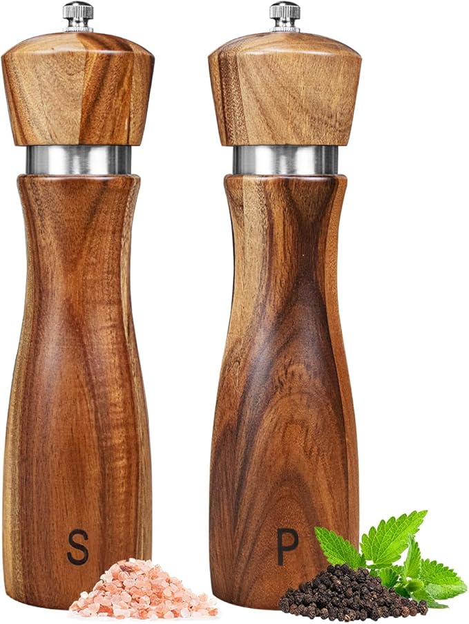2 Pack Acacia Wood Salt and Pepper Grinder Set, Wooden Salt and Pepper Mill Set by Haomacro
