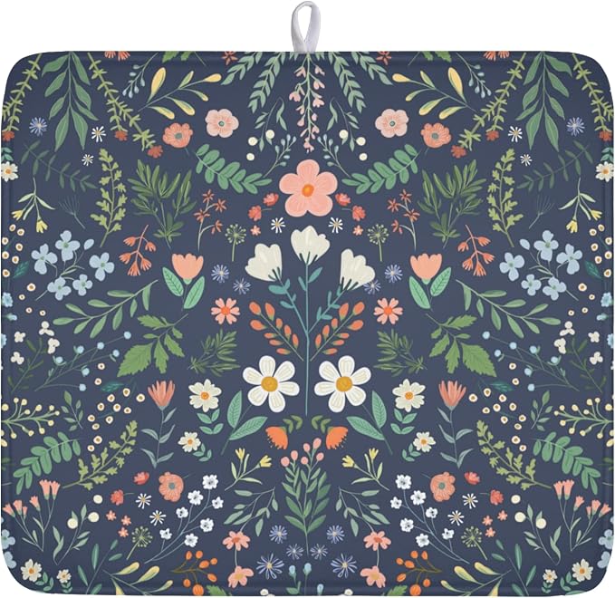 Floral Dish Drying Mat for Kitchen Counter Rustic Flower Leaves Print by Unknown