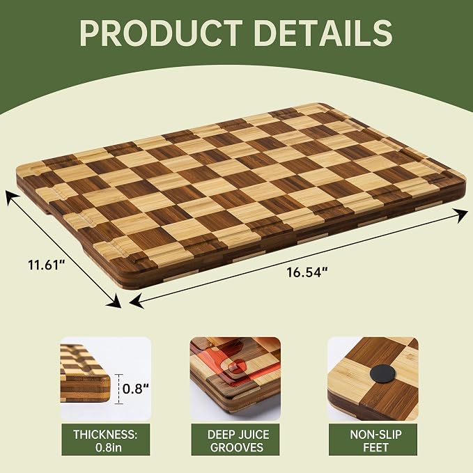 THETCHRY Bamboo Cutting Boards for Kitchen, Checkered Wooden Cutting Board - Image 4