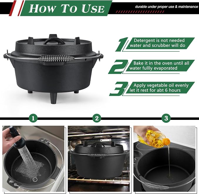 5QT Cast Iron Dutch Oven with Stainless Steel Scrubber, HaSteeL 2-In-1 - Image 8