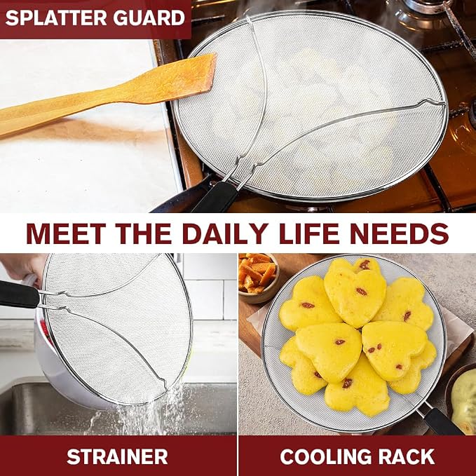 Splatter Screen for Frying Pan & Food Strainer, 13 Inch Stainless Steel Grease - Image 6