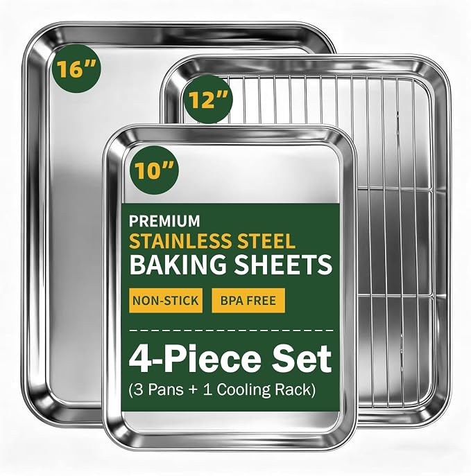 4-Piece Baking Sheet Set with Cooling Rack, Stainless Steel Cookie Sheets & by Unknown