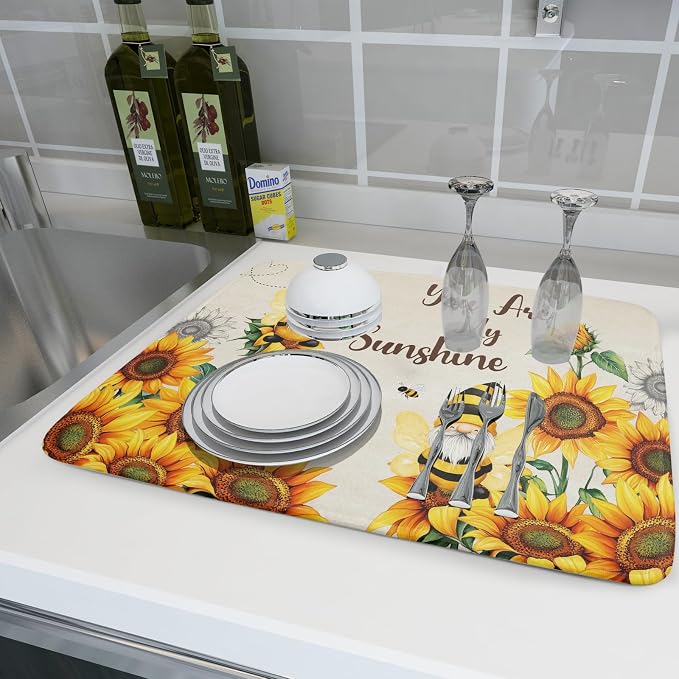 Giwawa Bee Gnomes Dish Drying Mat, Summer Sunflowers Elf Dish Drainer Mats - Image 6