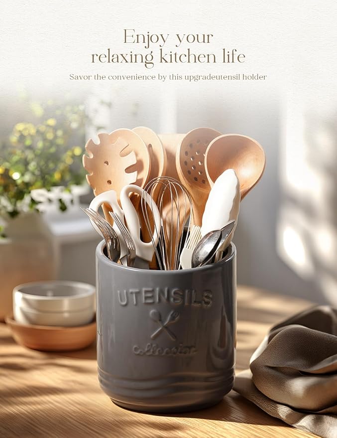 AISBUGUR Large Ceramic Utensil Holder 7.5" H×6.3" W - Image 2