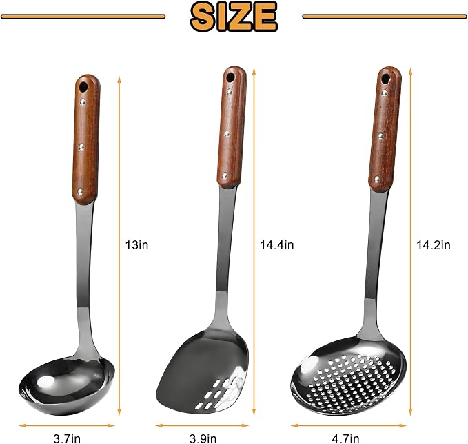 FJNATINH Stainless Steel Wok Spatula, Skimmer Ladle Tool Set, Mirror Polished - Image 3