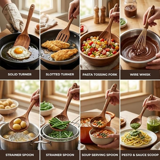 10 Pcs Wooden Utensil Set, 100% Natural Teak Wood Cooking Utensils - Image 6