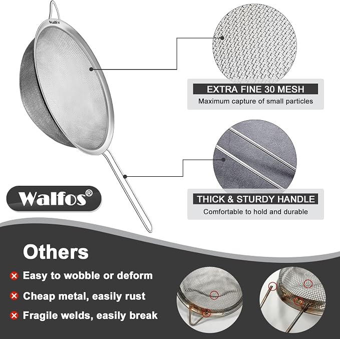 Walfos Fine Mesh Strainer Set of 3, Stainless Steel Wire Strainers - Image 7