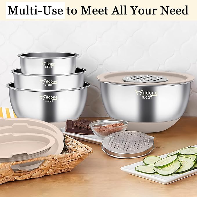 Wildone Mixing Bowls with Airtight Lids, with 3 Grater Attachments, Scale Marks - Image 5