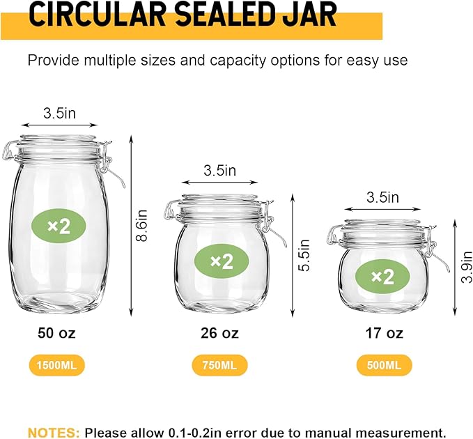 Glass Storage Jars with Airtight Lids Set of 6, Flour Sugar Coffee Beans Cereal - Image 2