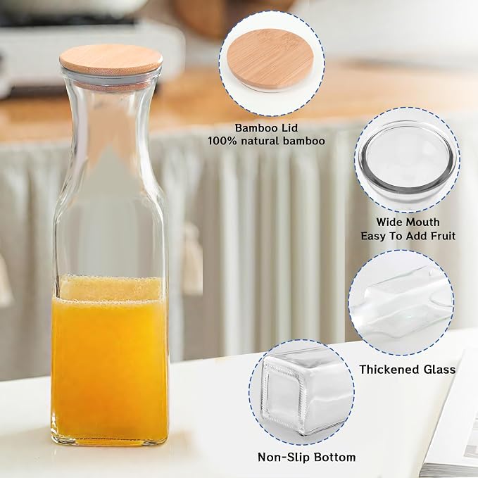 Glass Carafe with Bamboo Lid, Square 35 Oz Beverage Dispensers Carafe, Mimosa - Image 4