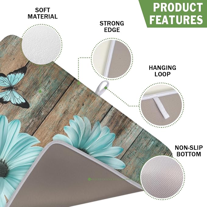 Teal Sunflowers Drying Mat 18x16 Inch, Summer Wooden Board Drying Mat - Image 3