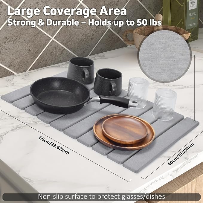 Stone Dish Drying Mats for Kitchen Counter, Drying Collapsible Dish Drying Mat - Image 4