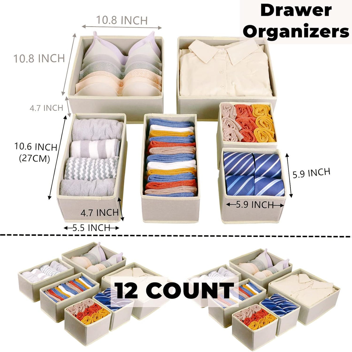 Fordonral 12 Pack Drawer Organizer Clothes, Foldable Fabric Dresser