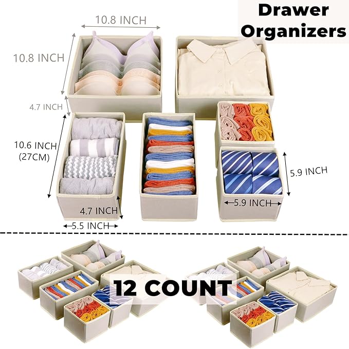 Fordonral 12 Pack Drawer Organizer Clothes, Foldable Fabric Dresser Organizer - Image 3