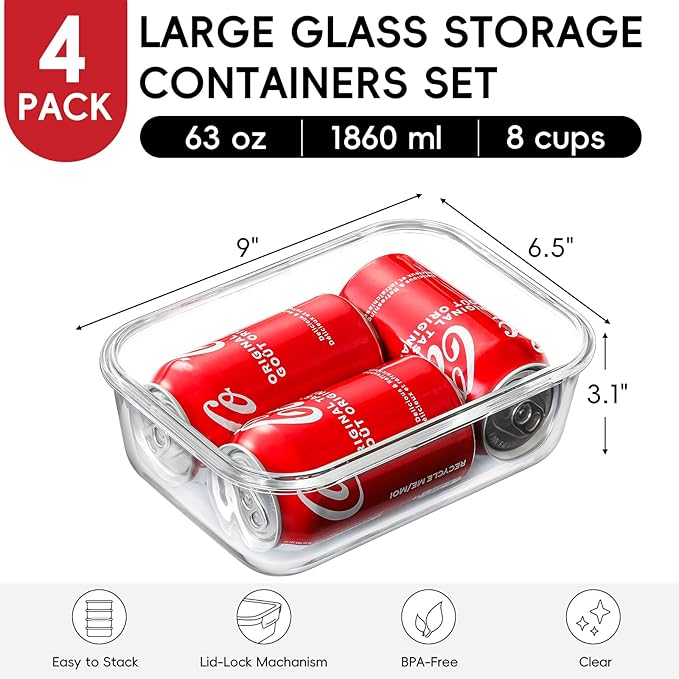 4 Pack 8 Cups/ 63oz Large Glass Storage Containers - Image 3