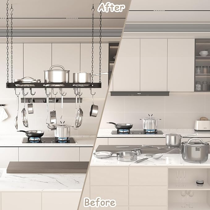 33” Pots and Pans Hanging Rack, Heavy-duty Metal Square Kitchen Ceiling Pot Rack - Image 4