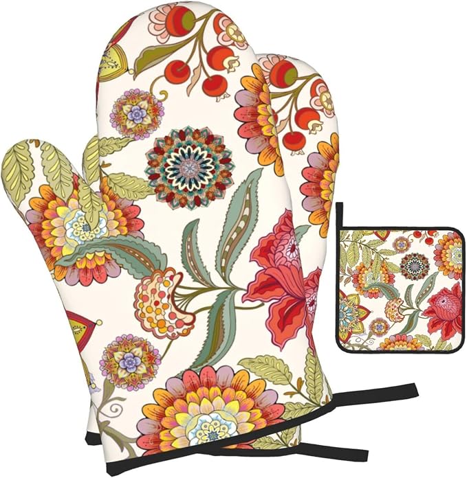Boho Floral Oven Mitts and Pot Holders Sets of 3 Heat Resistant Hot Pads - Image 2