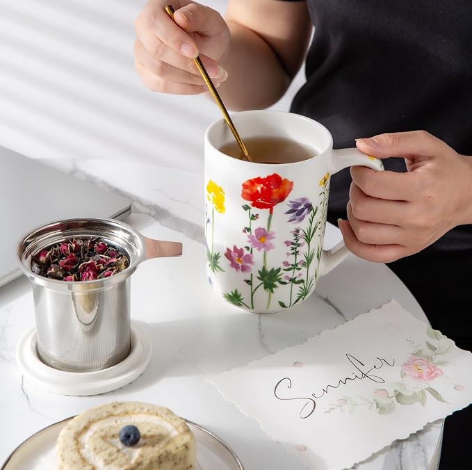 AmorArc Porcelain Tea Mug with Infuser and Lids, 18 Oz Coffee Cup Strainer with - Image 6