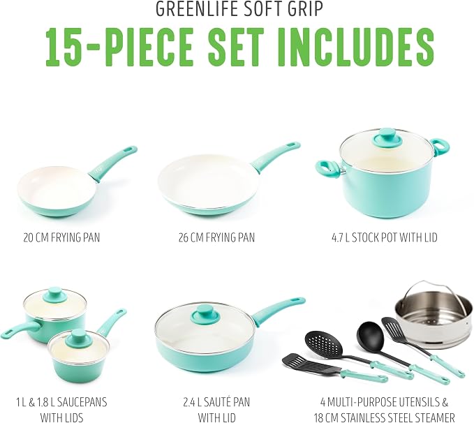 GreenLife Soft Grip Healthy Ceramic Nonstick, 15 Piece Cookware Pots and Pans - Image 3