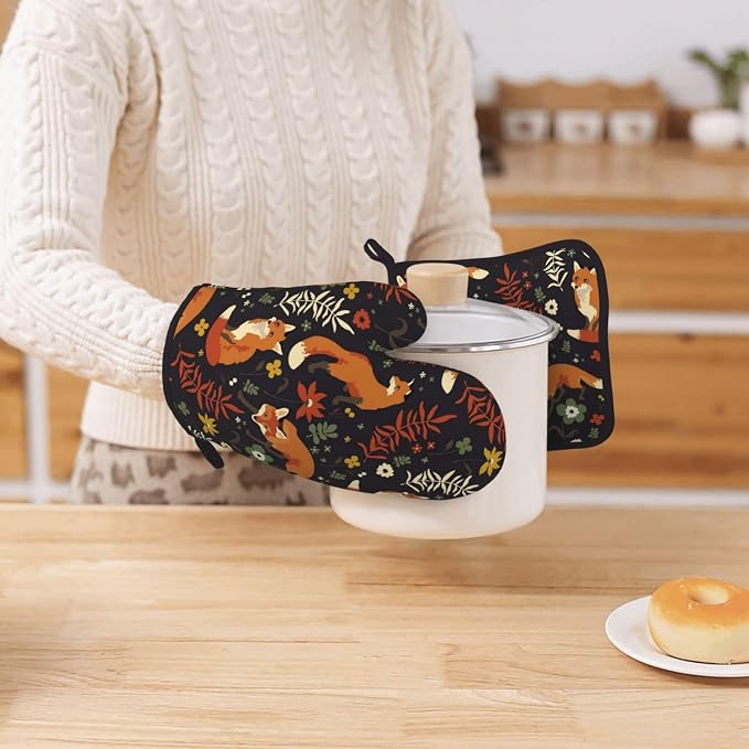 Fox Silicone Oven Mitts Pan Mats Set of 2, Heat Resistant Gloves Potholder - Image 7