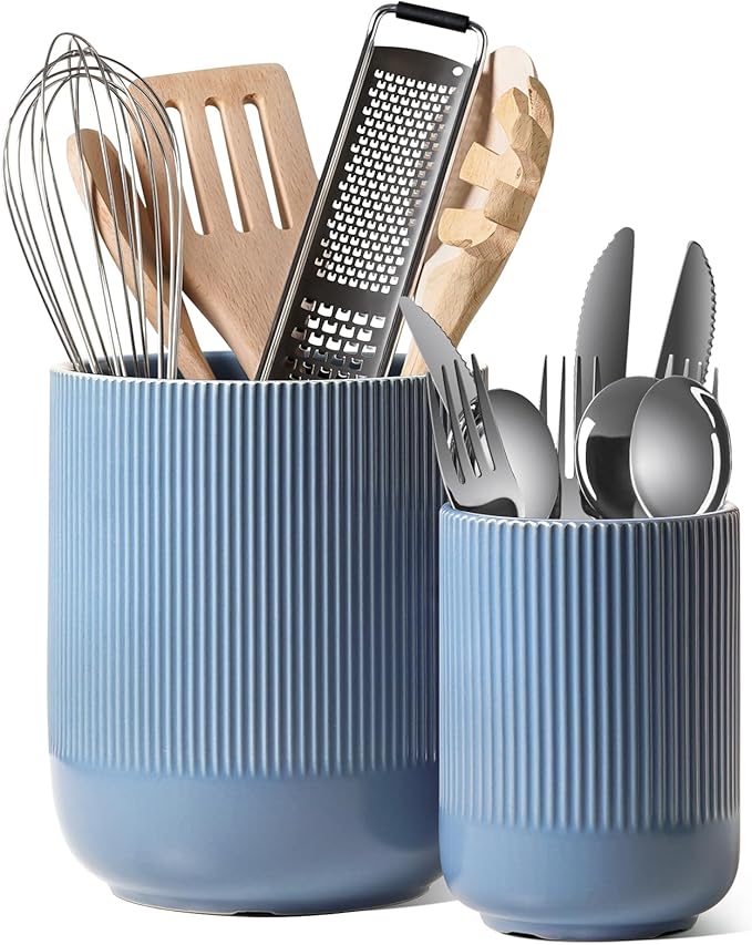 LE TAUCI Utensil Holder for Kitchen Counter, 7.3"+5.4" Fluted Ceramic Utensil by LETAUCI