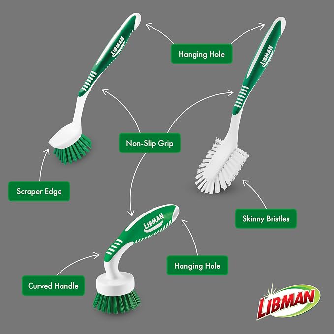 Libman Green & White Cleaning Brush Kit, 3-Piece Set, All-Purpose Brushes - Image 4