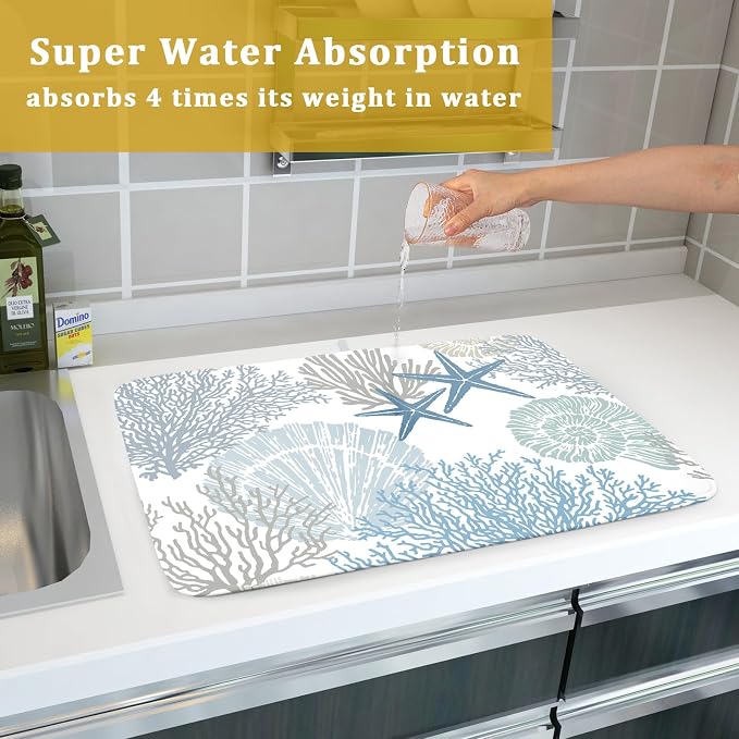Nautical Dish Drying Mat for Kitchen Counter Coastal Seashell Starfish Summer - Image 7