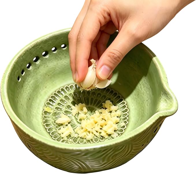 Garlic Grater Bowl 7-hole 2-in-1Kitchen Spanish Handheld Herb Stripper Ceramic by Unknown