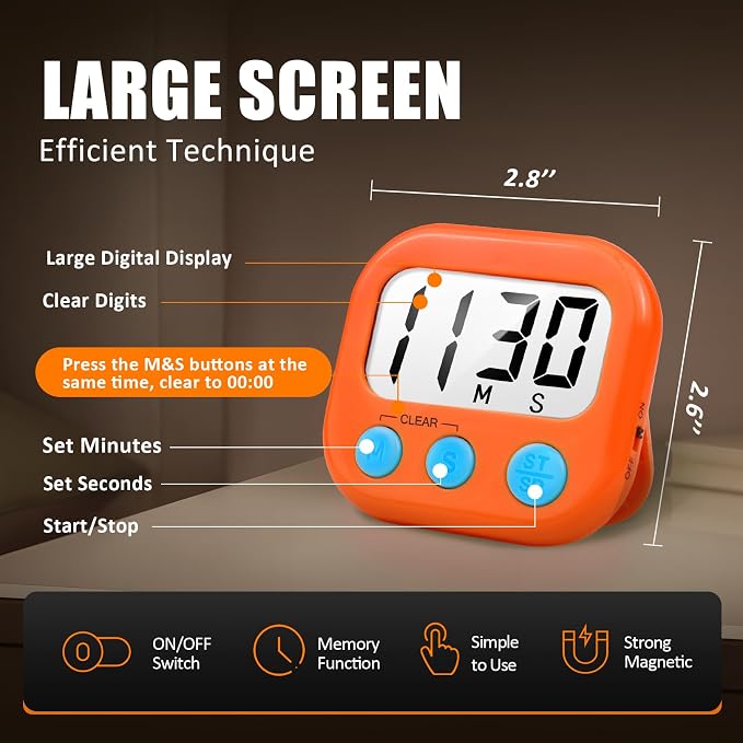2 Pack Digital Kitchen Timer for Cooking Big Digits Loud Alarm Magnetic Backing - Image 2