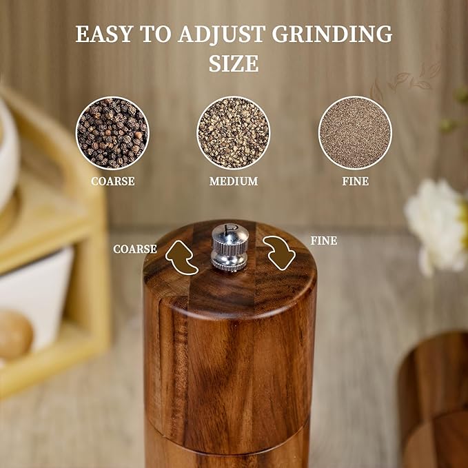 XWXO 2 Pack Acacia Wooden Salt and Pepper Grinder Set 8 Inches Refillable Salt - Image 5