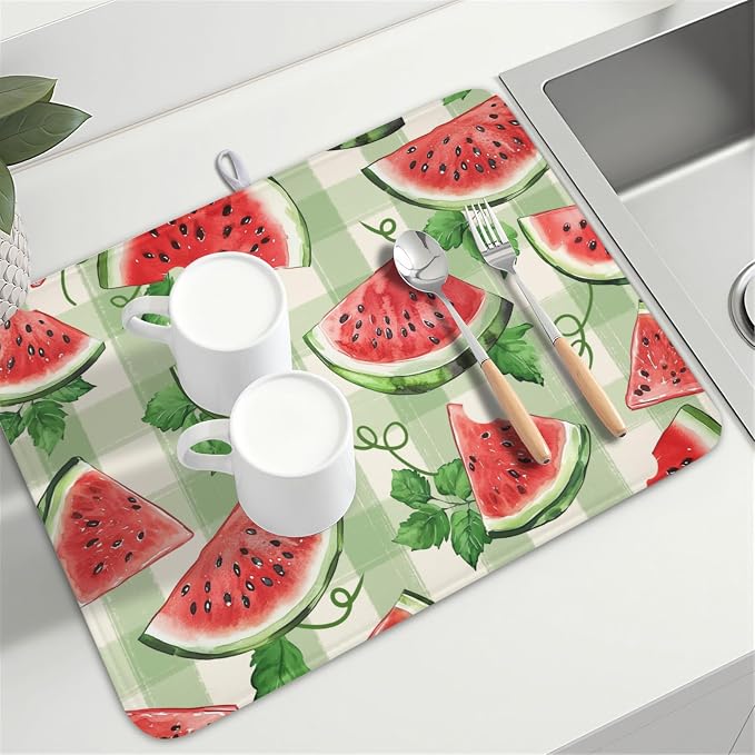 Summer Dish Drying Mat for Kitchen Counter Watercolor Watermelon Green Buffalo - Image 8