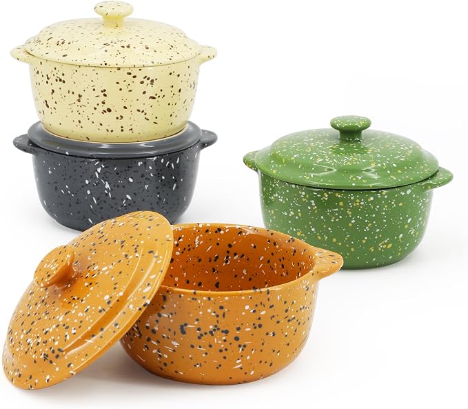 Ceramic Mini Cocotte Set of 4 for Oven, 10 Oz Small Casserole Dishes by Krokori