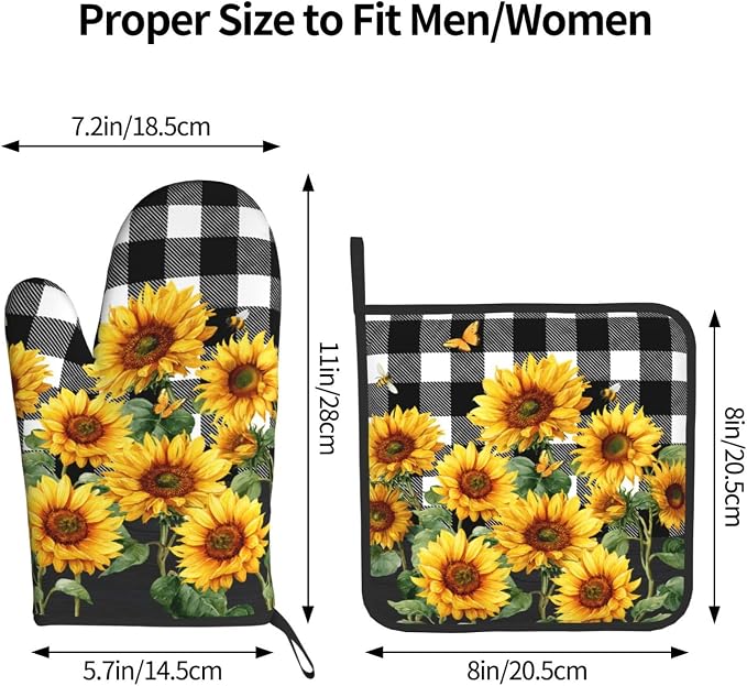 Sunflower Oven Mitts and Pot Holders Sets of 2 Buffalo Plaid Kitchen Mitts - Image 3