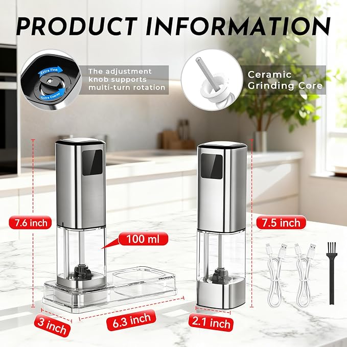 Upgraded Larger Capacity Electric Salt and Pepper Grinder Set Rechargeable - Image 6