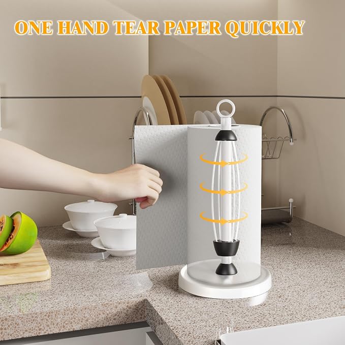 White Paper Towel Holder Countertop, One-Handed Tear, Stainless Steel, Weighted - Image 2