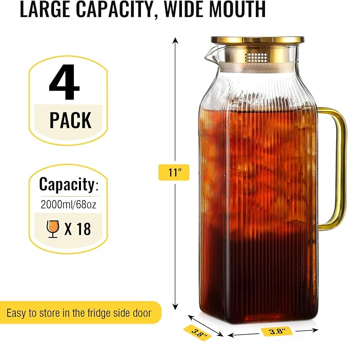 4 Pack 2 Liter/68 oz Square Glass Pitcher - Image 2