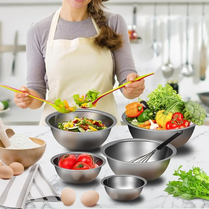 Mixing Bowl Set of 5, Stainless Steel Mixing Bowls, Nesting Whisking Bowl Set - Image 5