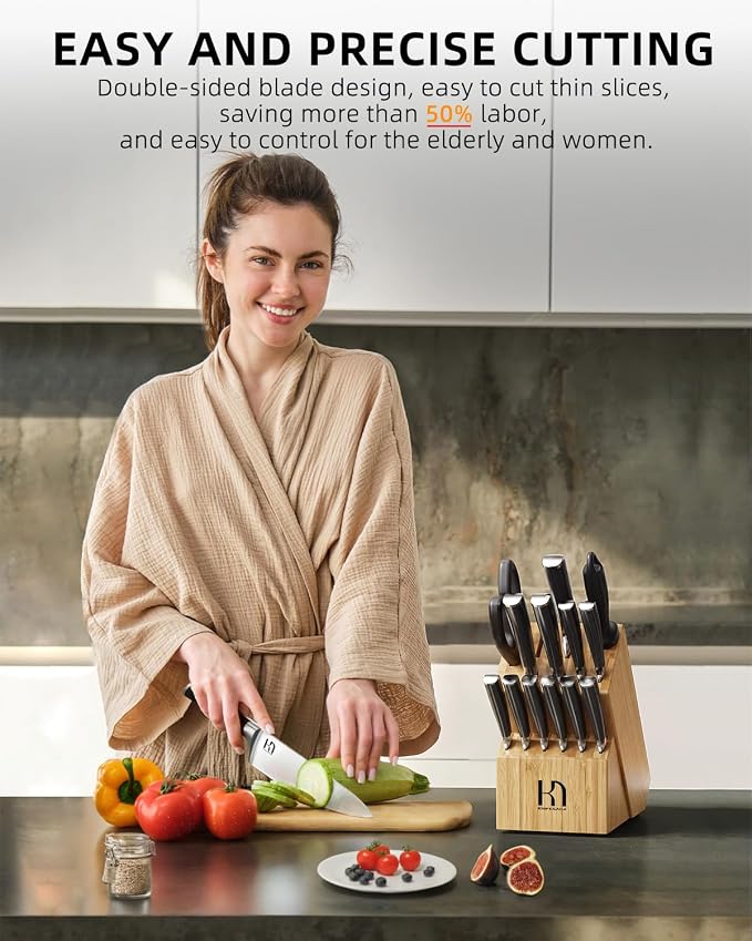 KnifeSaga Knife Set 15 Pcs Kitchen Knife Block Set, Enduring Razor-Sharp High - Image 7