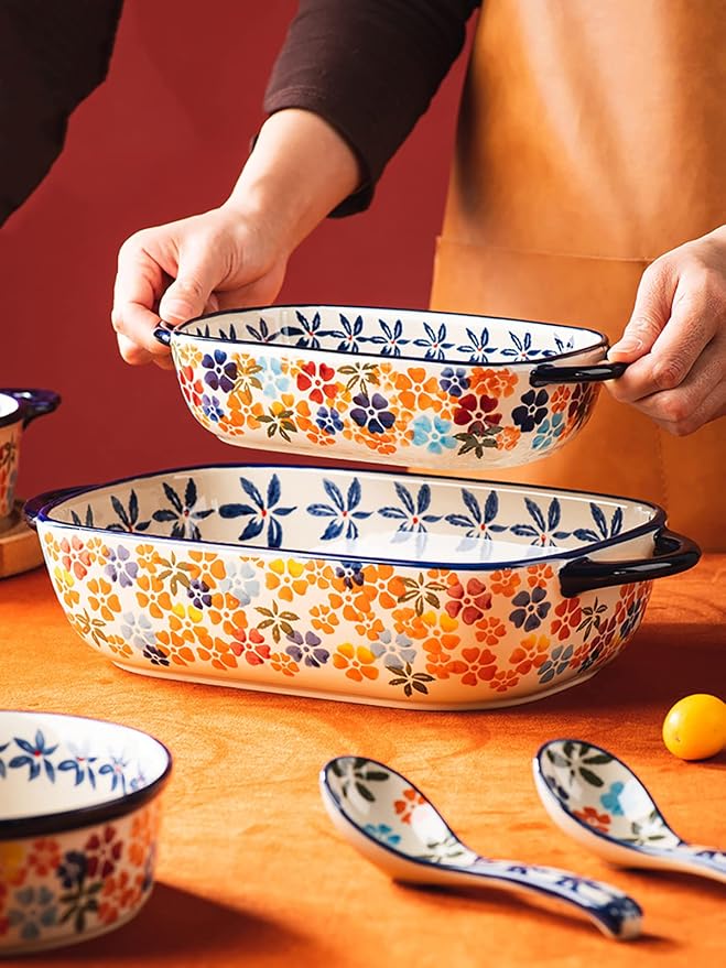 Colorful Cherry Blossom Flowers Vintage Style Ceramic Bakeware Dish Casserole - Image 3