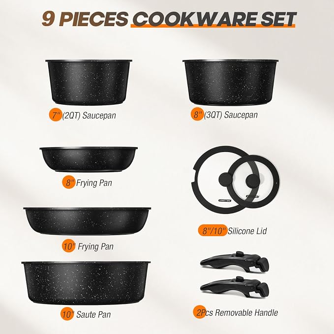 pots and Pans Set, Nonstick Cookware Set Detachable Handle, Induction Kitchen - Image 2