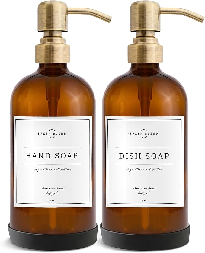Vine Creations Amber Glass Soap Dispenser, 2 Pack Kitchen Soap Dispenser Set by VineCreations