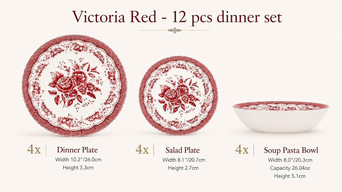 12-Piece Porcelain Dinnerware Set for 4, Victoria Red