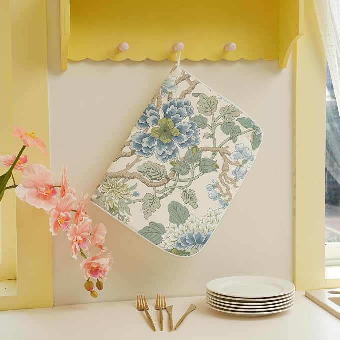 Chinoiserie Dish Drying Mat 18x24 Inch Vintage Sage Green Blue Floral Drying - Image 3