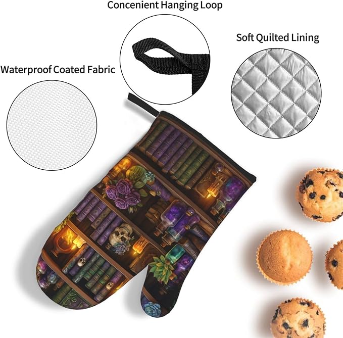 Witch Gothic Oven Mitts and Pot Holders Sets, Witchy Wicca Skull Baking Glovers - Image 5