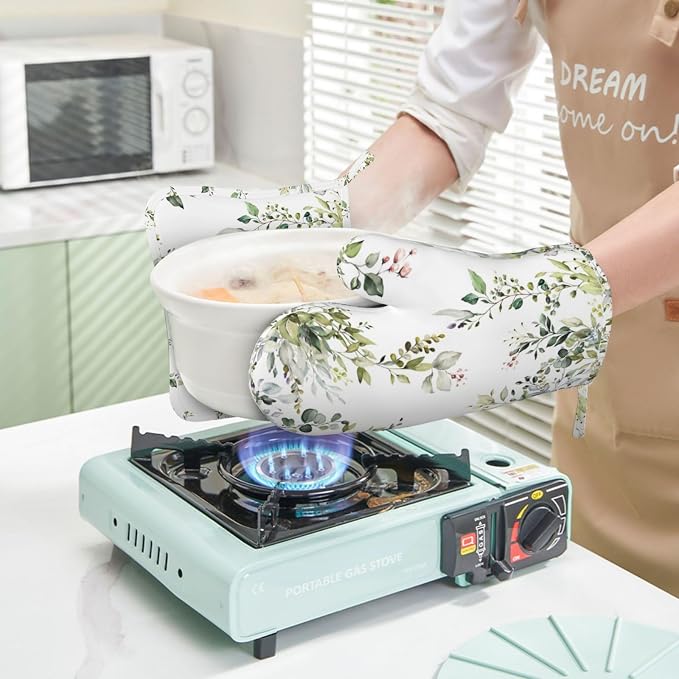 Sage Green Eucalyptus Oven Mitts and Pot Holders Sets Silicone Watercolor - Image 6