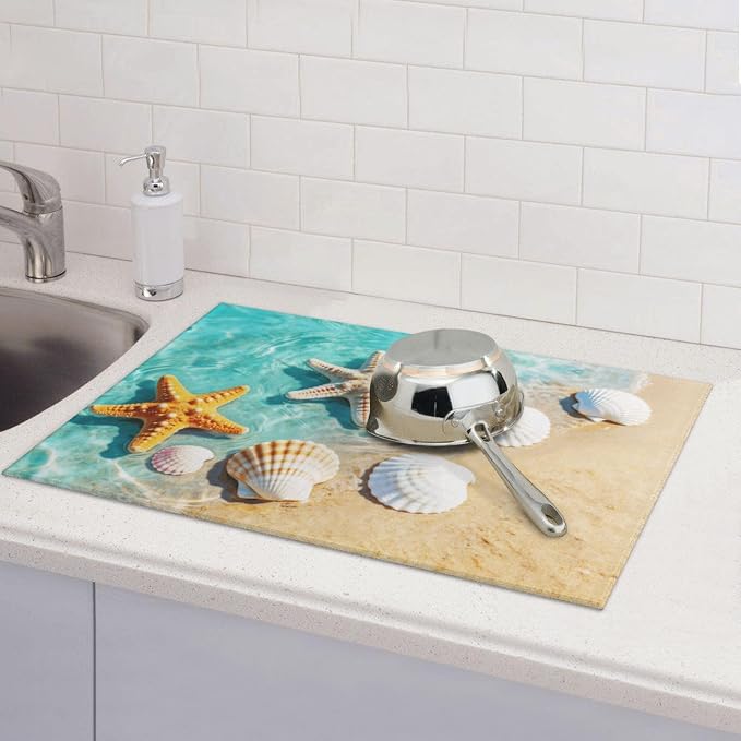 Ocean Sea Dish Drying Mat for Summer Kitchen Counter, Microfiber Absorbent - Image 5